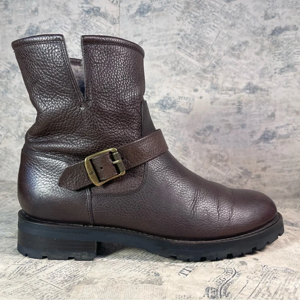 Frye Veronica Shearling Leather Moto Booties Brown Buckle Boots Made in Mexico